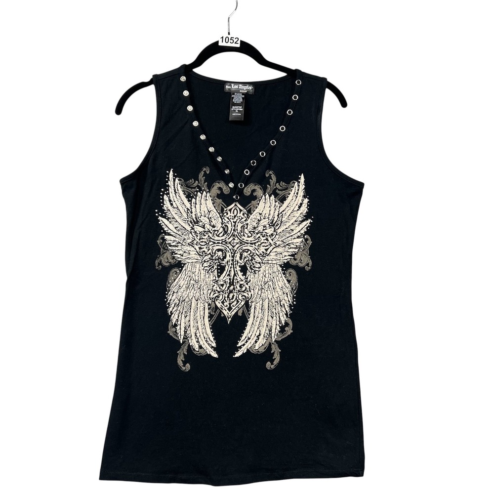 From Los Angeles Bus Stop Tank Top Womens XL Black Winged Cross Rhinestone Edgy
